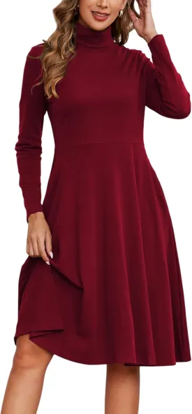 Kormei Women's Long Sleeve Turtleneck Casual Ribbed Knit Loose Tunic Fall Dress A Line Flare Dresses