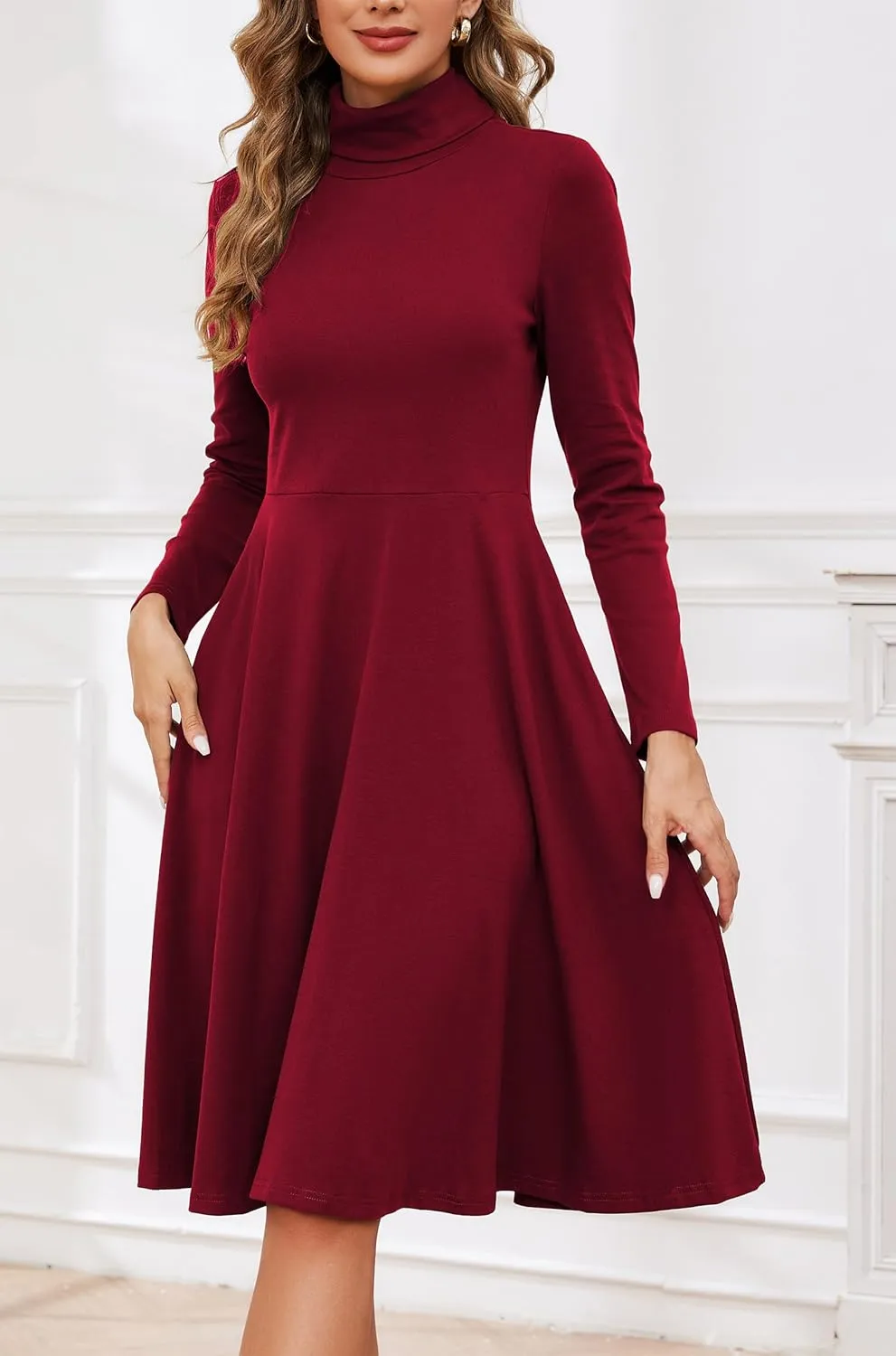 Kormei Women's Long Sleeve Turtleneck Casual Ribbed Knit Loose Tunic Fall Dress A Line Flare Dresses