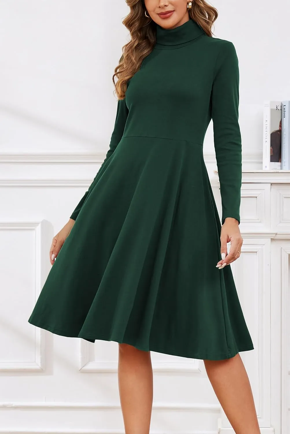 Kormei Women's Long Sleeve Turtleneck Casual Ribbed Knit Loose Tunic Fall Dress A Line Flare Dresses