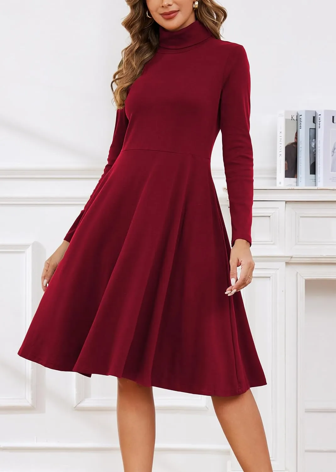 Kormei Women's Long Sleeve Turtleneck Casual Ribbed Knit Loose Tunic Fall Dress A Line Flare Dresses
