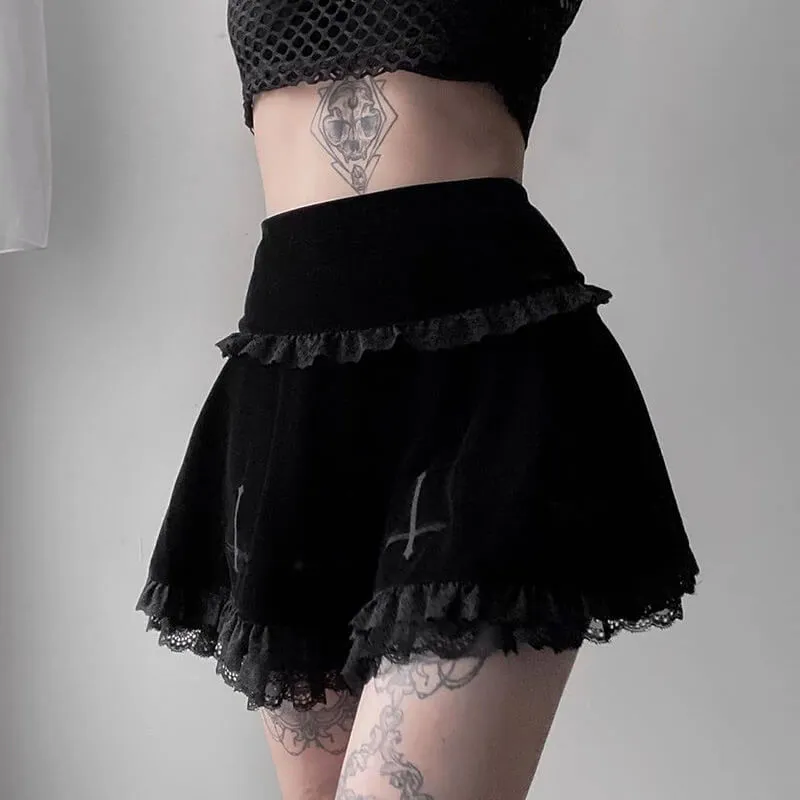 Lace cross velvet flared skirt