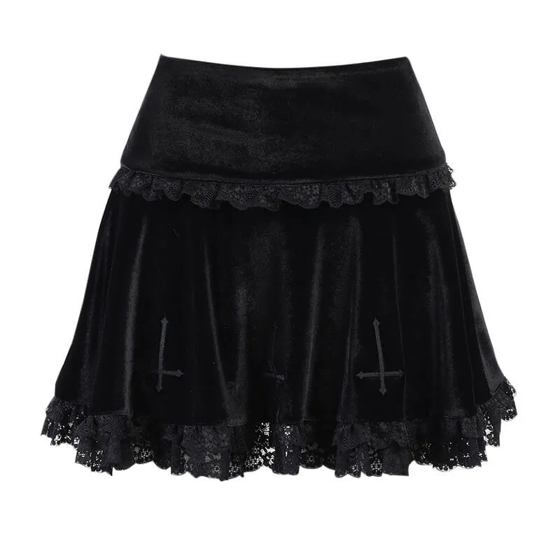 Lace cross velvet flared skirt
