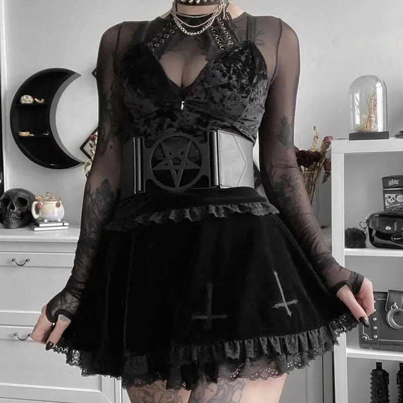 Lace cross velvet flared skirt