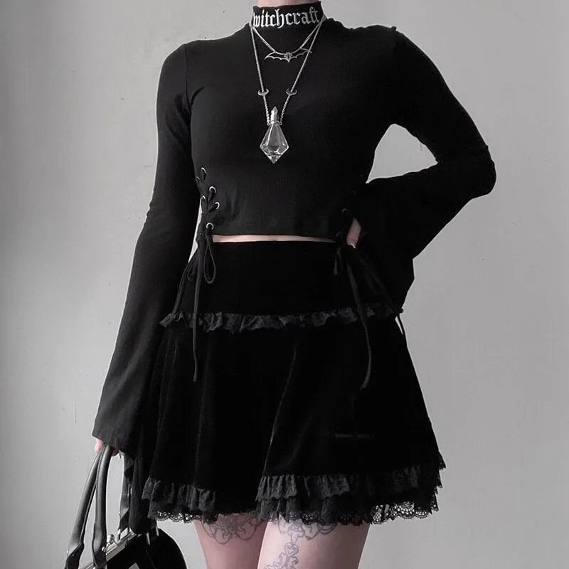 Lace cross velvet flared skirt