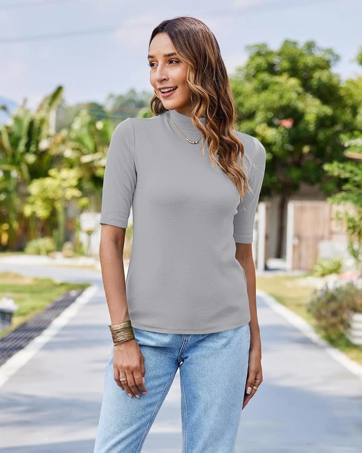 LaLaLa Womens Half Sleeve Mock Turtleneck Tunic Tops Dressy Casual Spring T Shirts Slim Fit Basic Tops