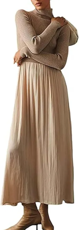 Lauweion Women's Turtleneck Sweater Maxi Dress Long Sleeve Slim Fit Ribbed Knit Pullover Jumper Top Flowy Long Dresses