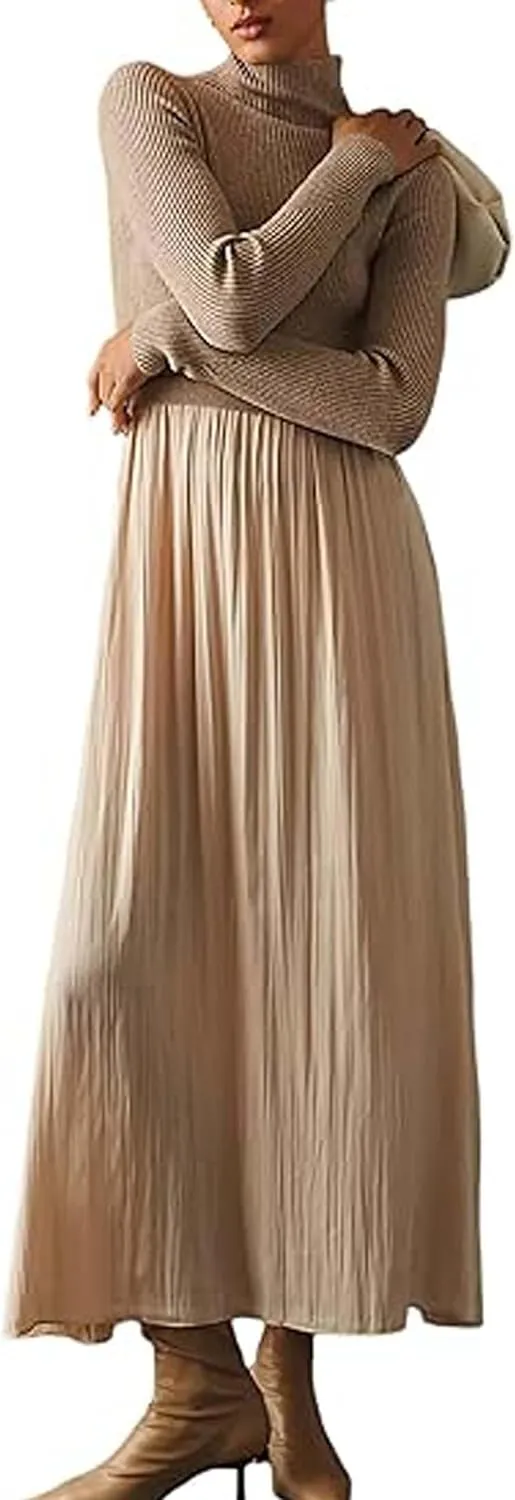 Lauweion Women's Turtleneck Sweater Maxi Dress Long Sleeve Slim Fit Ribbed Knit Pullover Jumper Top Flowy Long Dresses