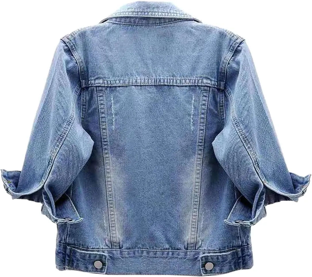 Locachy Womens 3/4 Sleeve Short Denim Jacket Lapel Button Down Cropped Trucker Jean Jackets Coats