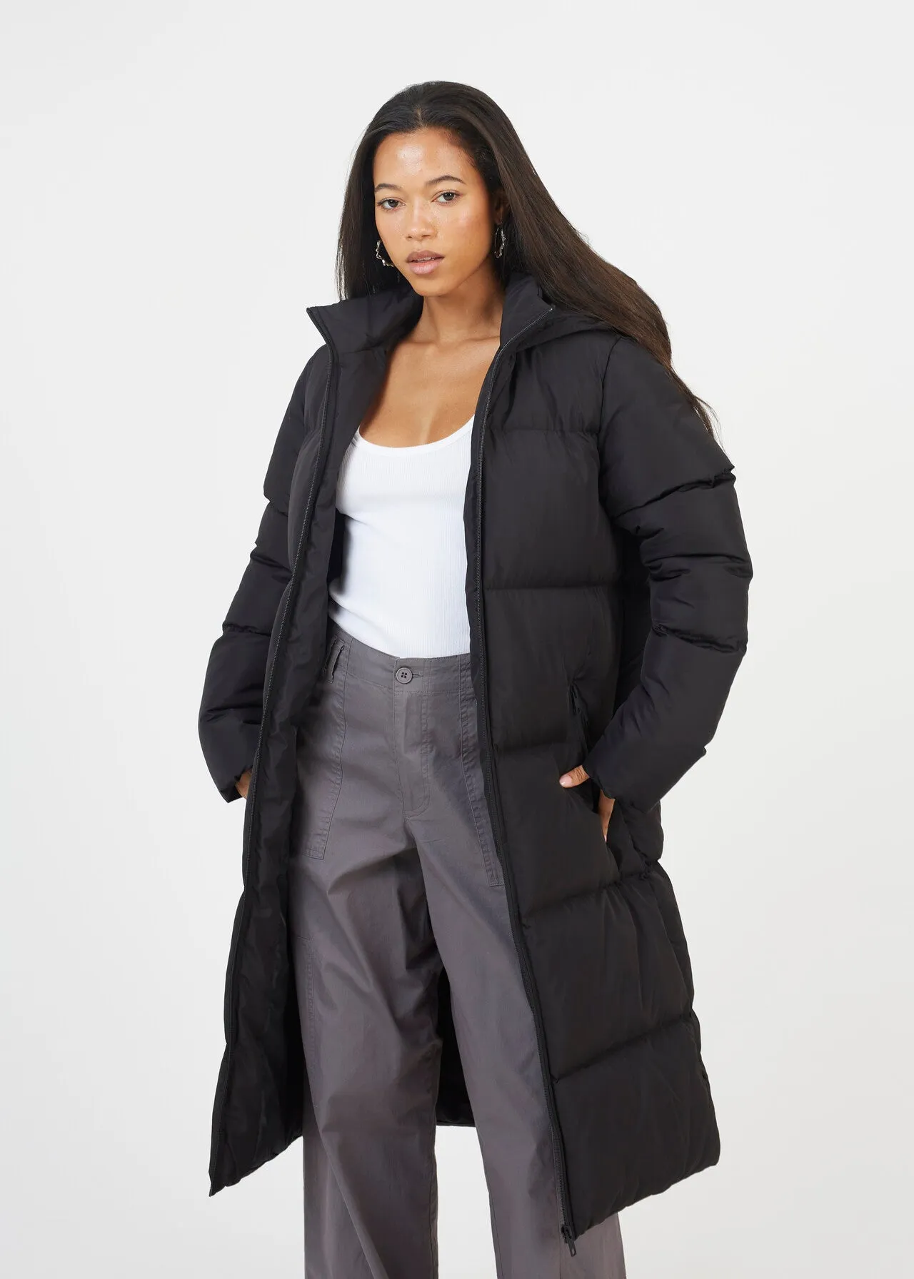 LONG LENGTH PADDED COAT WITH HOOD & ZIP POCKETS