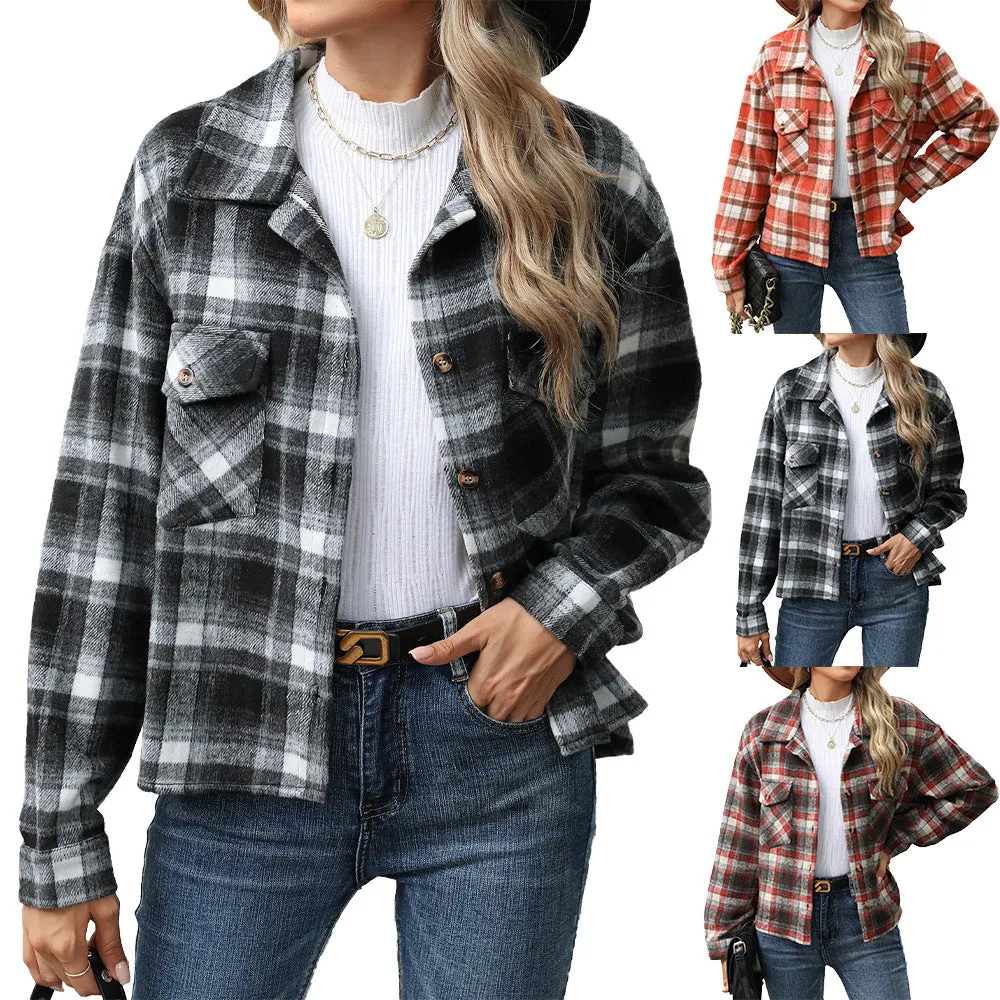 Long Sleeve Loose Pocket Plaid Top Wool Coats Wholesale Womens Clothing N3824082300058