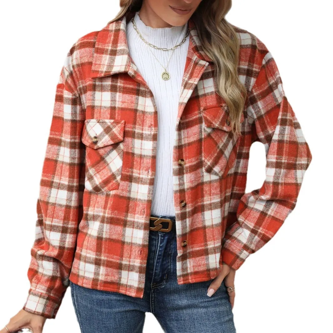 Long Sleeve Loose Pocket Plaid Top Wool Coats Wholesale Womens Clothing N3824082300058