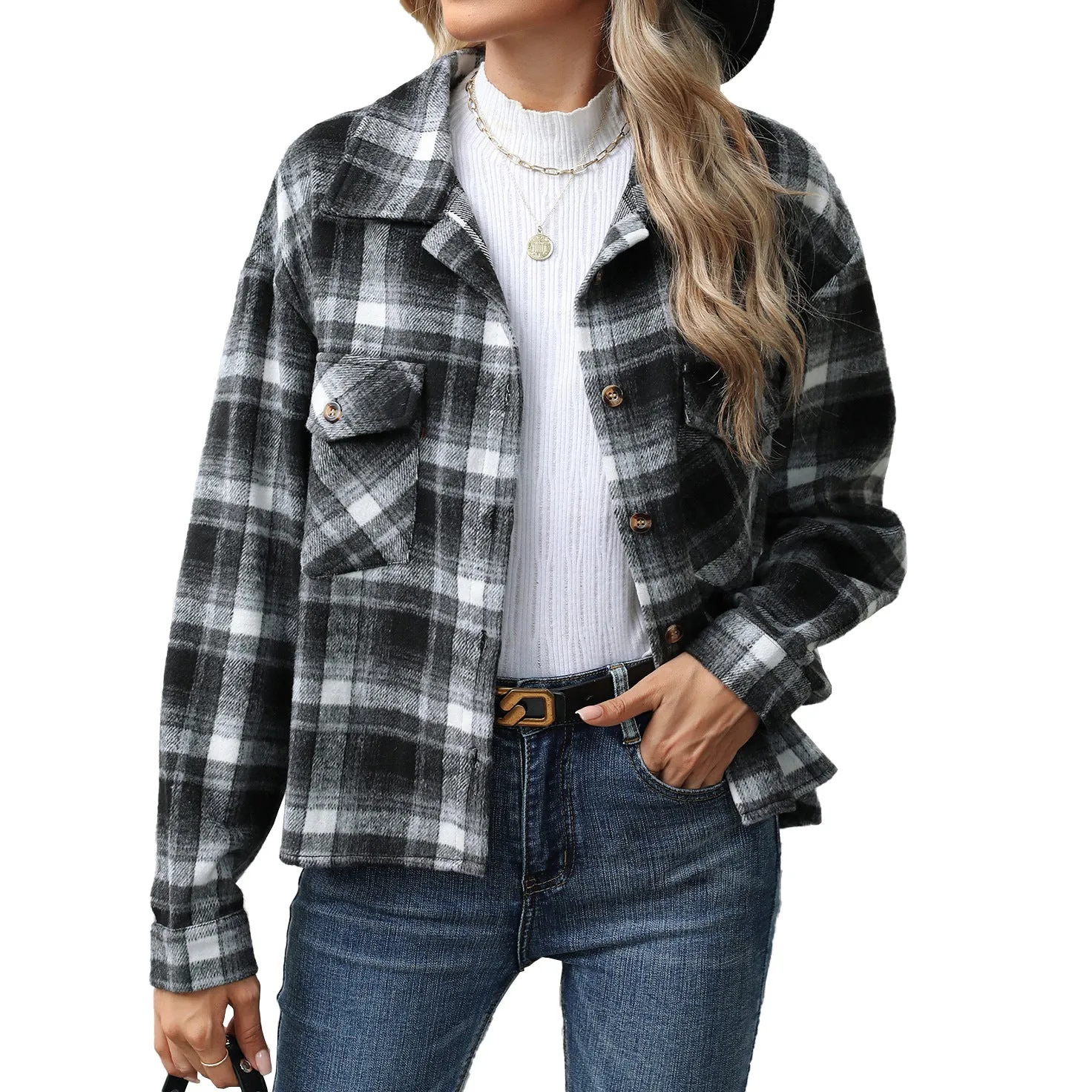 Long Sleeve Loose Pocket Plaid Top Wool Coats Wholesale Womens Clothing N3824082300058