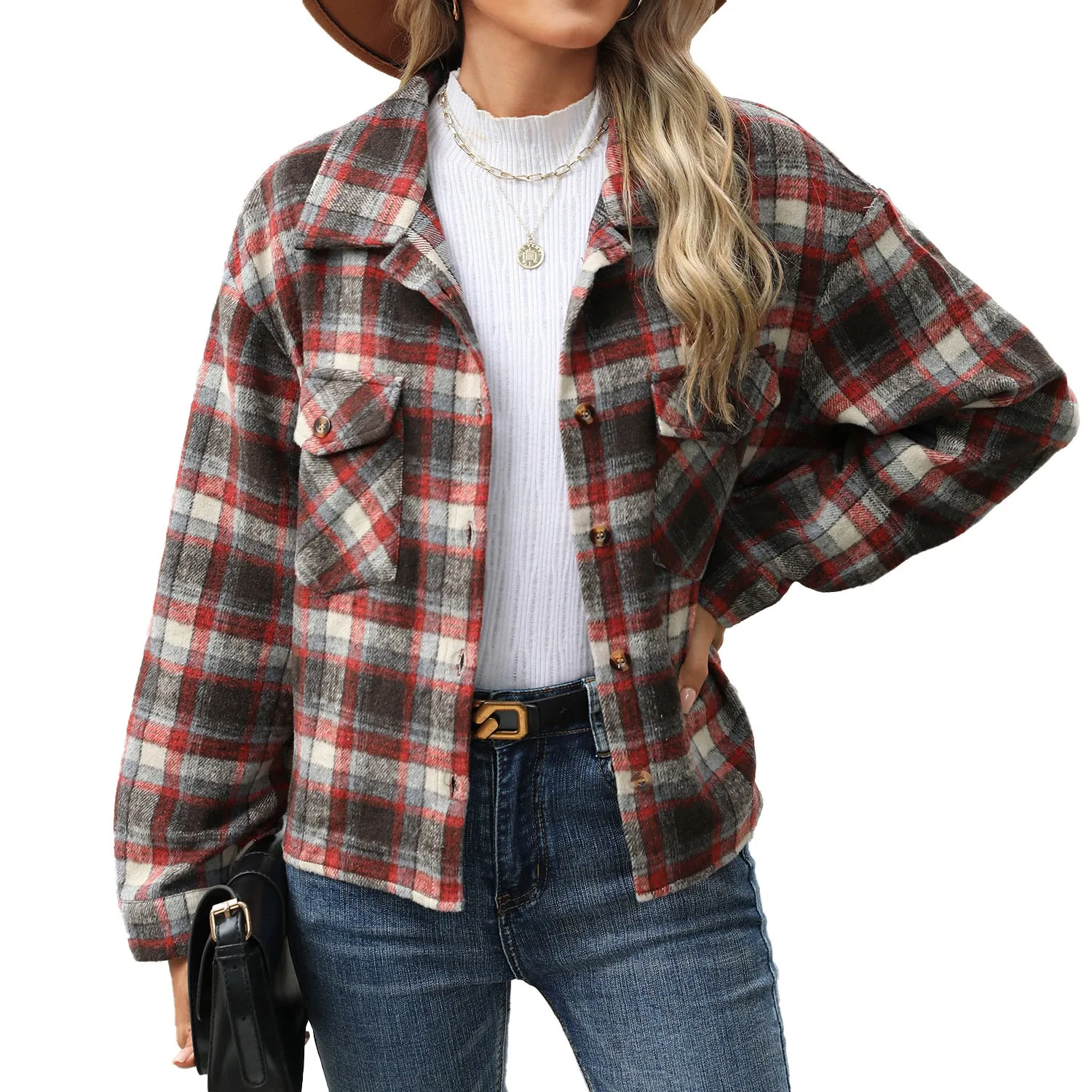 Long Sleeve Loose Pocket Plaid Top Wool Coats Wholesale Womens Clothing N3824082300058