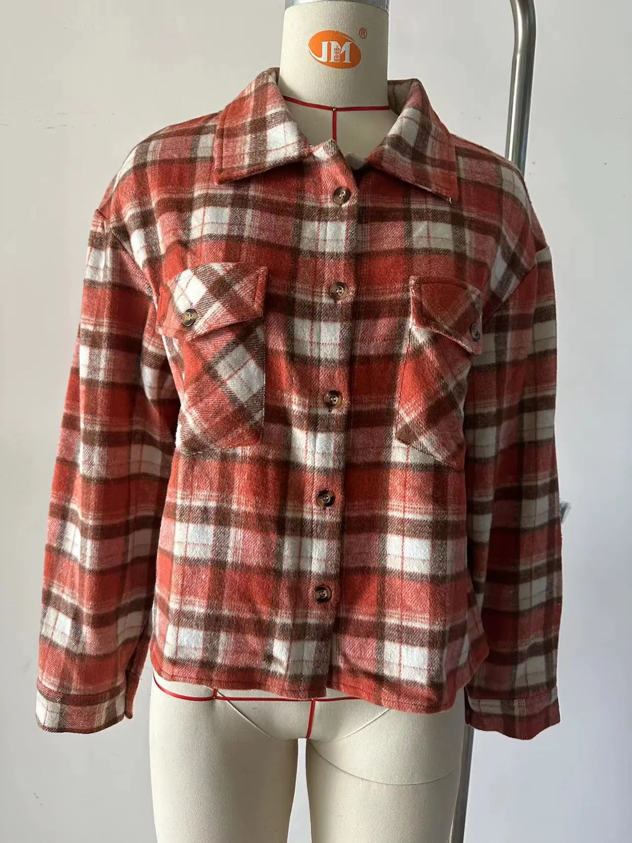 Long Sleeve Loose Pocket Plaid Top Wool Coats Wholesale Womens Clothing N3824082300058