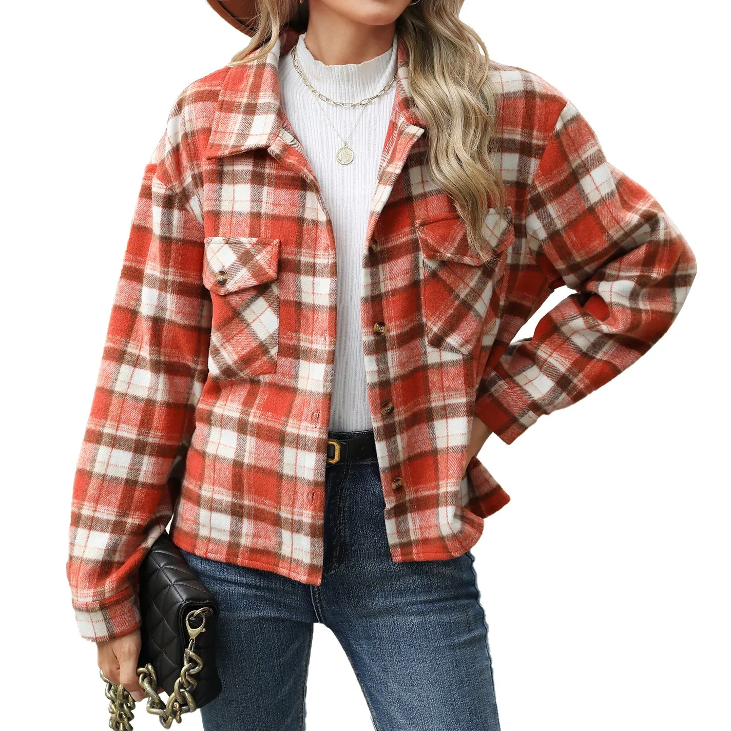 Long Sleeve Loose Pocket Plaid Top Wool Coats Wholesale Womens Clothing N3824082300058