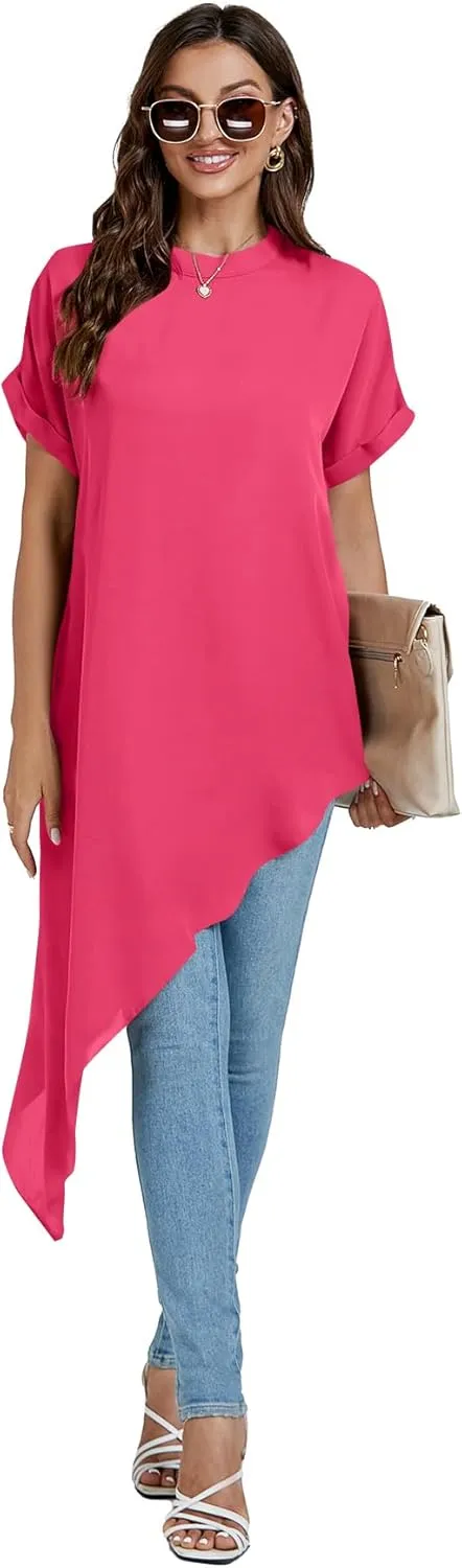 LYANER Women's Casual Mock Neck Short Sleeve Irregular Hem Loose Blouse Long Shirt Top