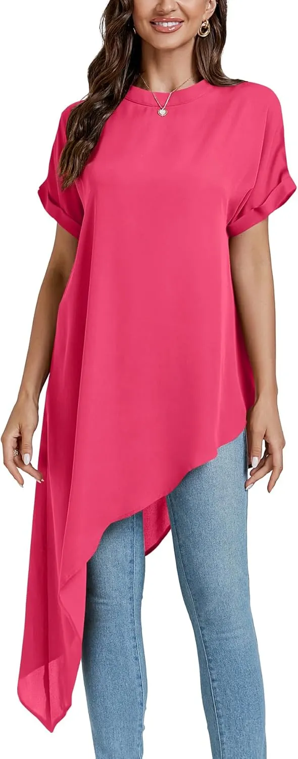 LYANER Women's Casual Mock Neck Short Sleeve Irregular Hem Loose Blouse Long Shirt Top