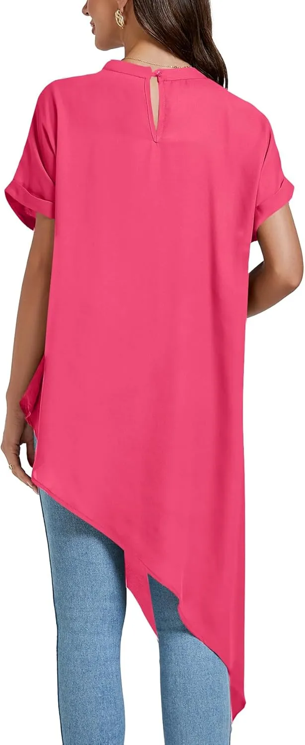 LYANER Women's Casual Mock Neck Short Sleeve Irregular Hem Loose Blouse Long Shirt Top