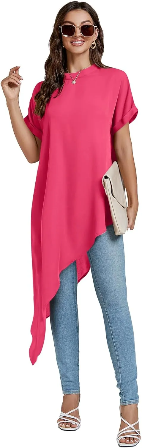 LYANER Women's Casual Mock Neck Short Sleeve Irregular Hem Loose Blouse Long Shirt Top