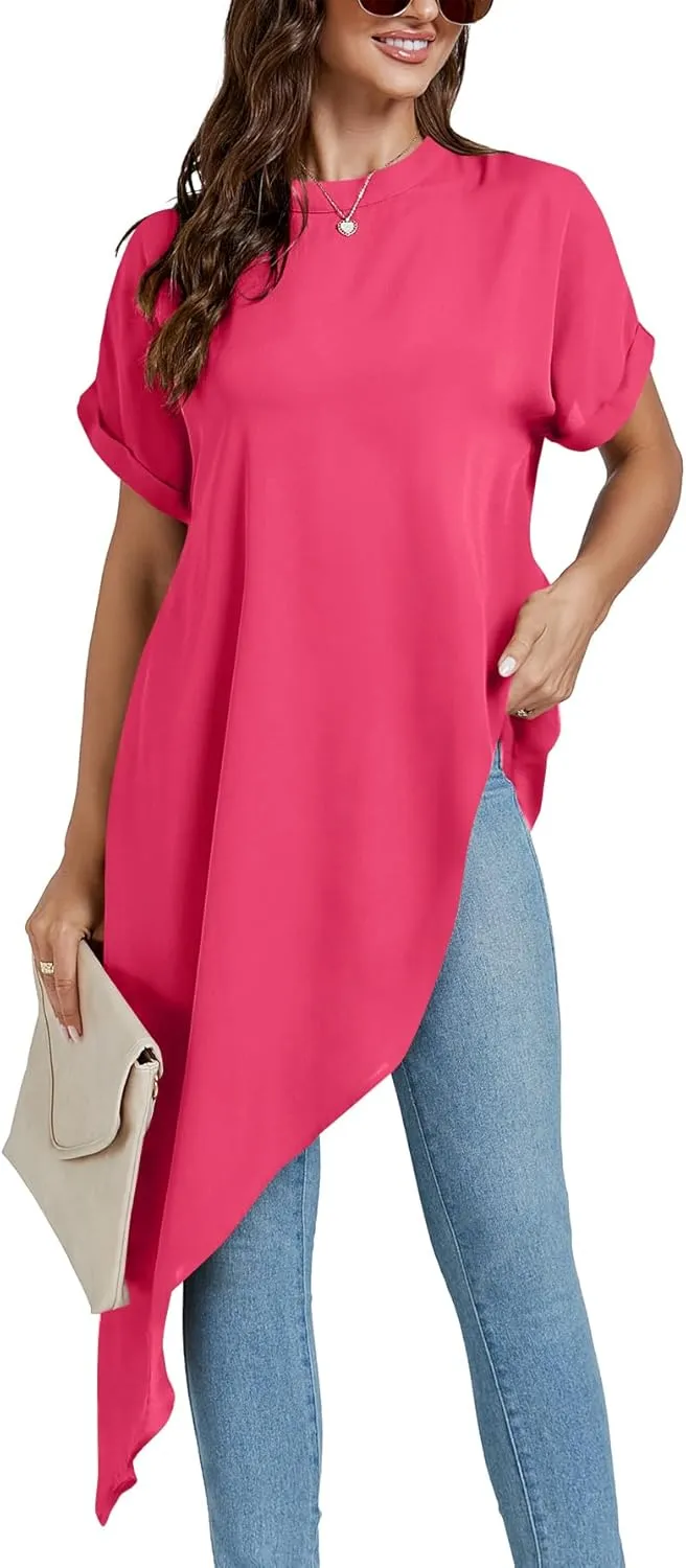 LYANER Women's Casual Mock Neck Short Sleeve Irregular Hem Loose Blouse Long Shirt Top
