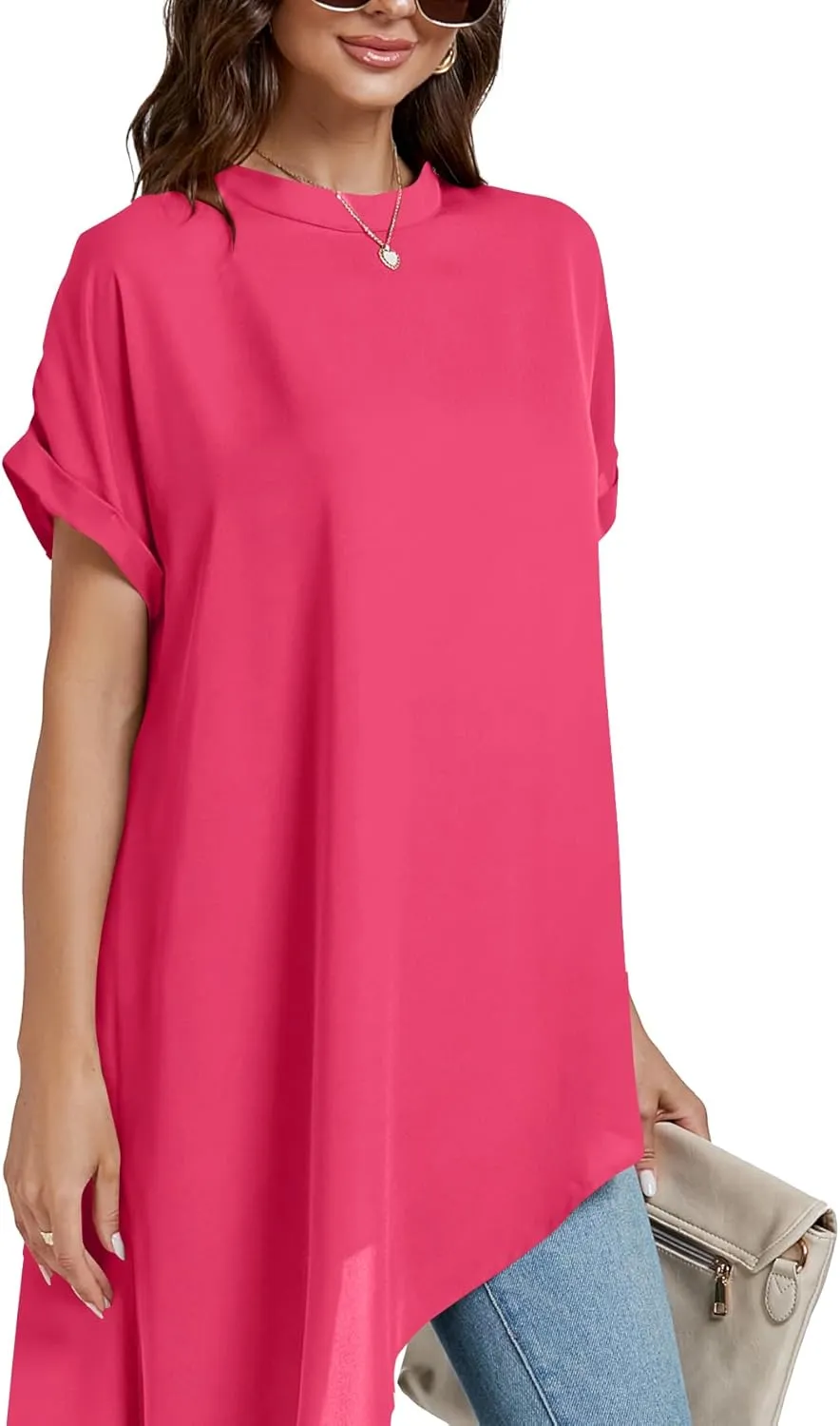 LYANER Women's Casual Mock Neck Short Sleeve Irregular Hem Loose Blouse Long Shirt Top