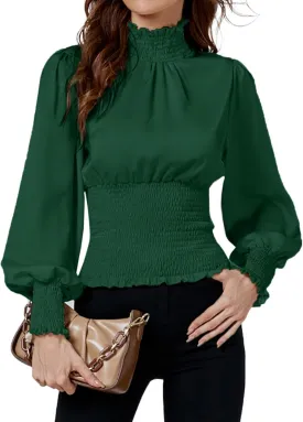 LYANER Women's Shirred Frill Mock Neck Smocked Puff Long Sleeve Blouse Top