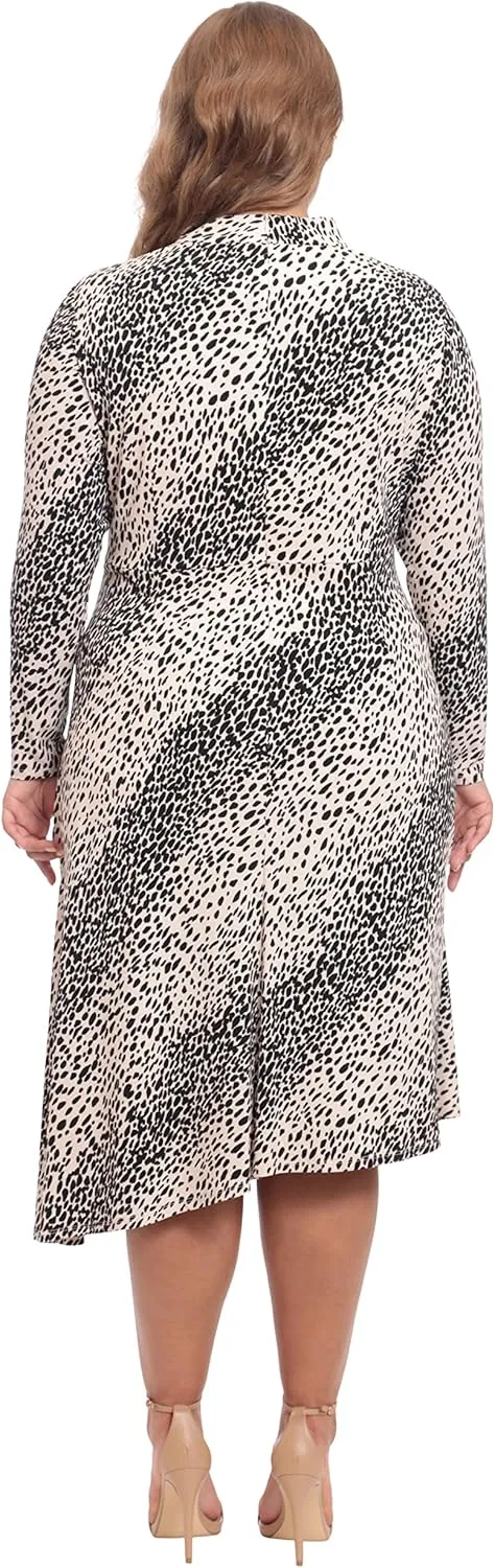 Maggy London Women's Long Sleeve Mock Neck Midi Dress with Asymmetrical Hem