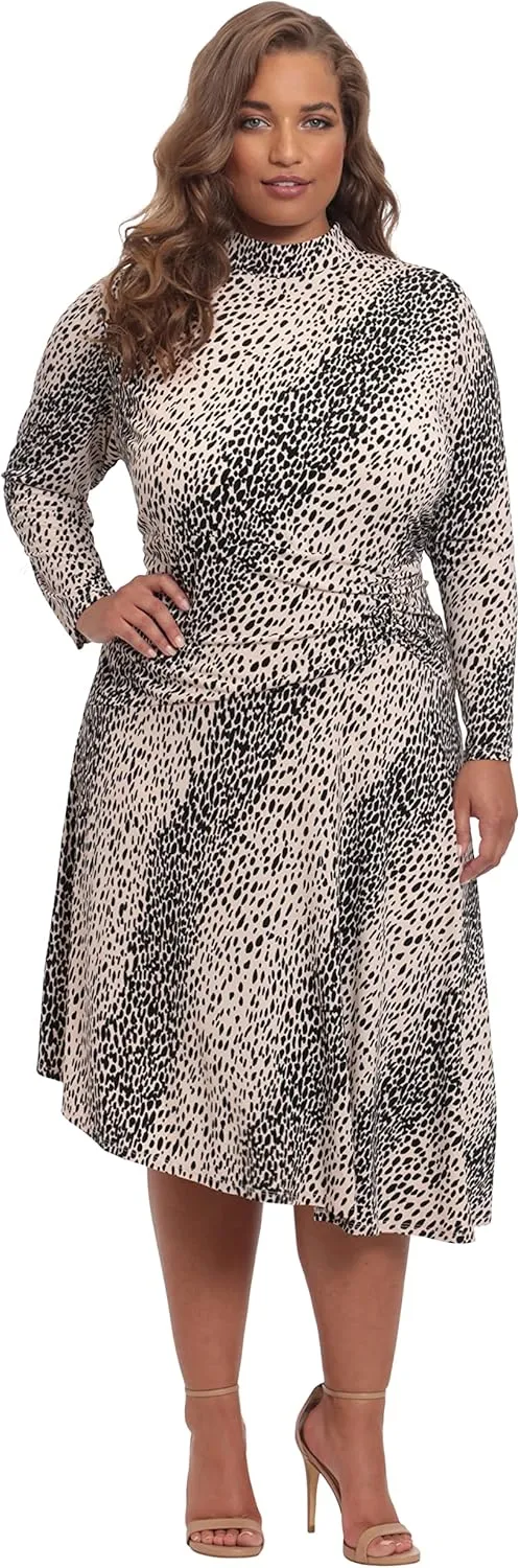 Maggy London Women's Long Sleeve Mock Neck Midi Dress with Asymmetrical Hem