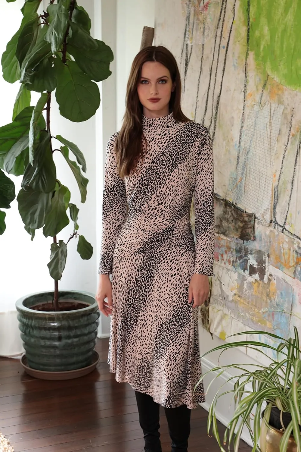 Maggy London Women's Long Sleeve Mock Neck Midi Dress with Asymmetrical Hem