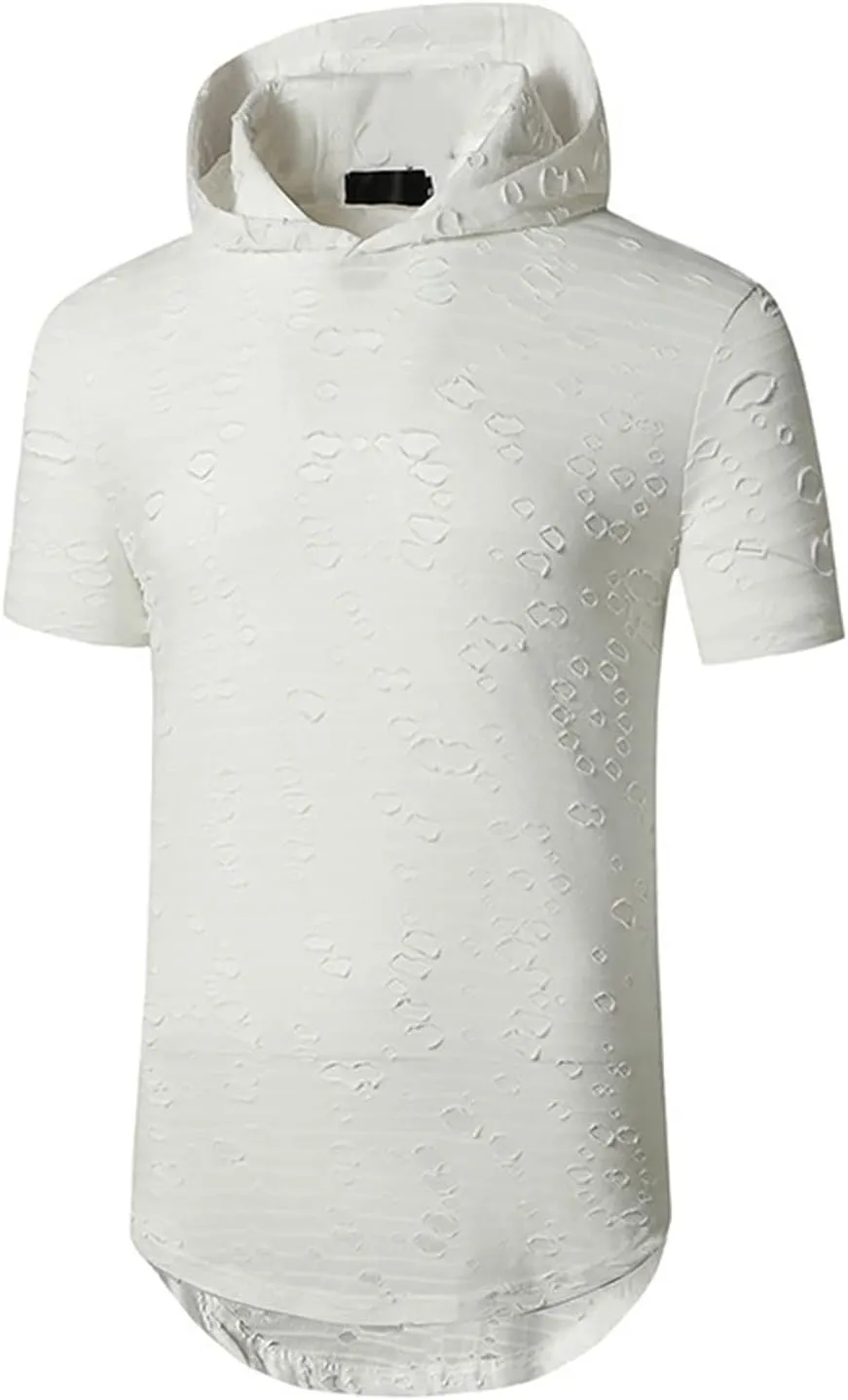 Maiyifu-GJ Mens Athletic Casual Longline Hipster T Shirt Hipster Hip Hop Hoodie Tee Solid Color Ripped Pullover Short Sleeve