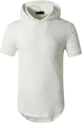 Maiyifu-GJ Mens Athletic Casual Longline Hipster T Shirt Hipster Hip Hop Hoodie Tee Solid Color Ripped Pullover Short Sleeve