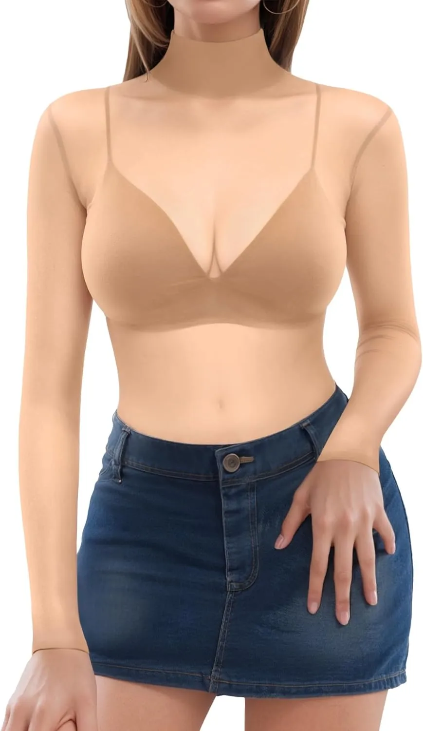 MANGOPOP Women's Mesh Top Long Sleeve See Through Mock Neck Blouse Sheer Sexy T Shirts Clubwear Bodycon