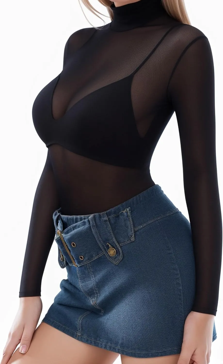 MANGOPOP Women's Mesh Top Long Sleeve See Through Mock Neck Blouse Sheer Sexy T Shirts Clubwear Bodycon