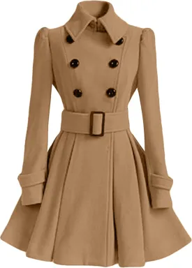 MAYRAIN Women's Mid Long Winter Overcoat Collar Double Breasted Coat Outerwear Elegant Fit Pea Coat