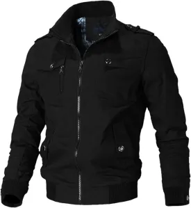 Mens Casual Cotton Military Jacket Lightweight Stand Collar Jackets Coats Full Zip up Bomber Jackets with Shoulder Straps