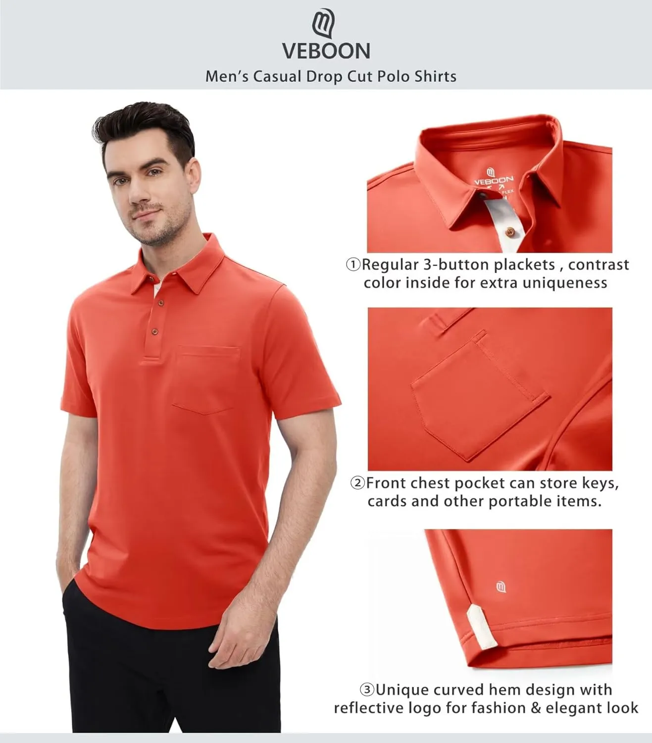 Mens Long and Short Sleeve Polo Shirts Pocket Casual Solid Cotton Blend Drop Cut Collared Polo Shirts for Men