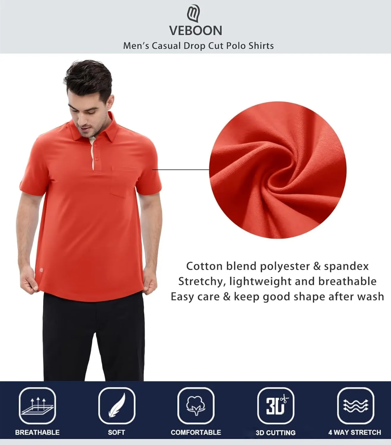 Mens Long and Short Sleeve Polo Shirts Pocket Casual Solid Cotton Blend Drop Cut Collared Polo Shirts for Men