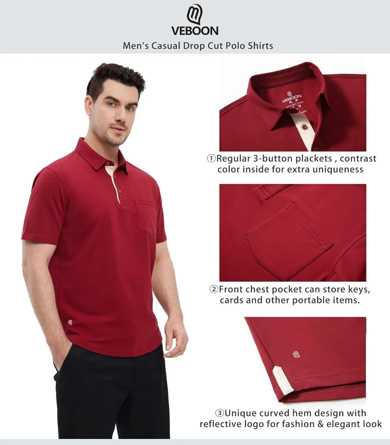 Mens Long and Short Sleeve Polo Shirts Pocket Casual Solid Cotton Blend Drop Cut Collared Polo Shirts for Men