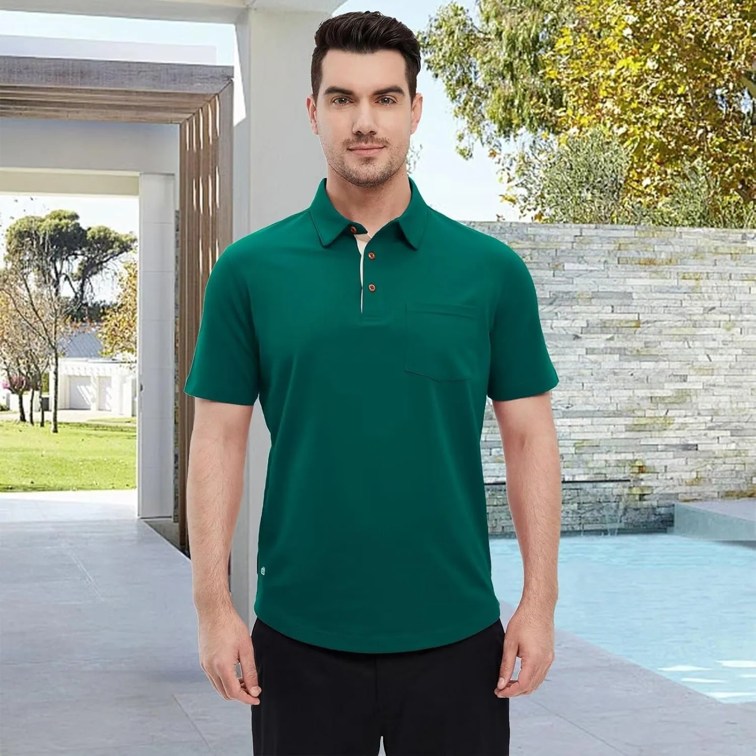 Mens Long and Short Sleeve Polo Shirts Pocket Casual Solid Cotton Blend Drop Cut Collared Polo Shirts for Men