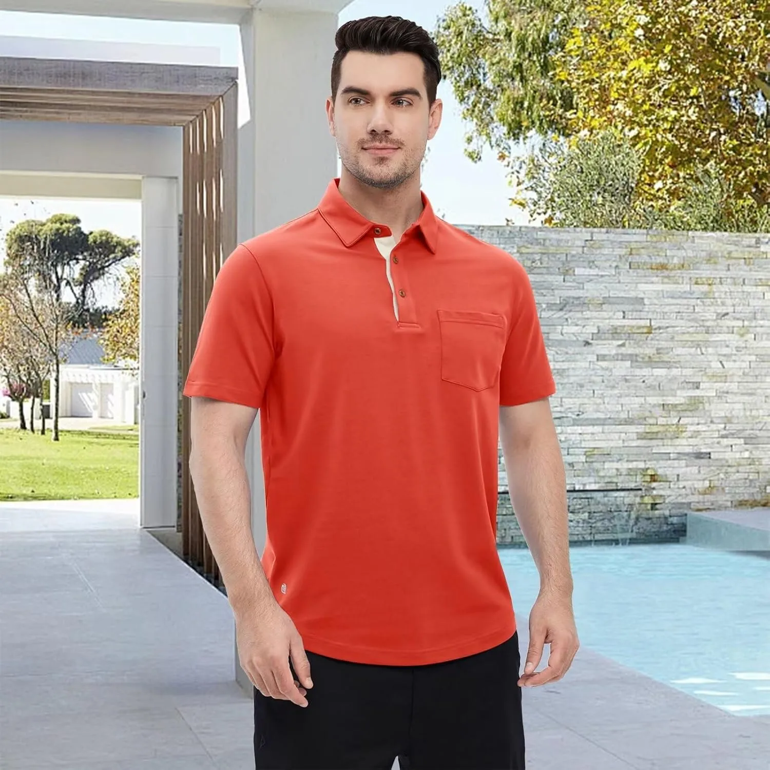 Mens Long and Short Sleeve Polo Shirts Pocket Casual Solid Cotton Blend Drop Cut Collared Polo Shirts for Men