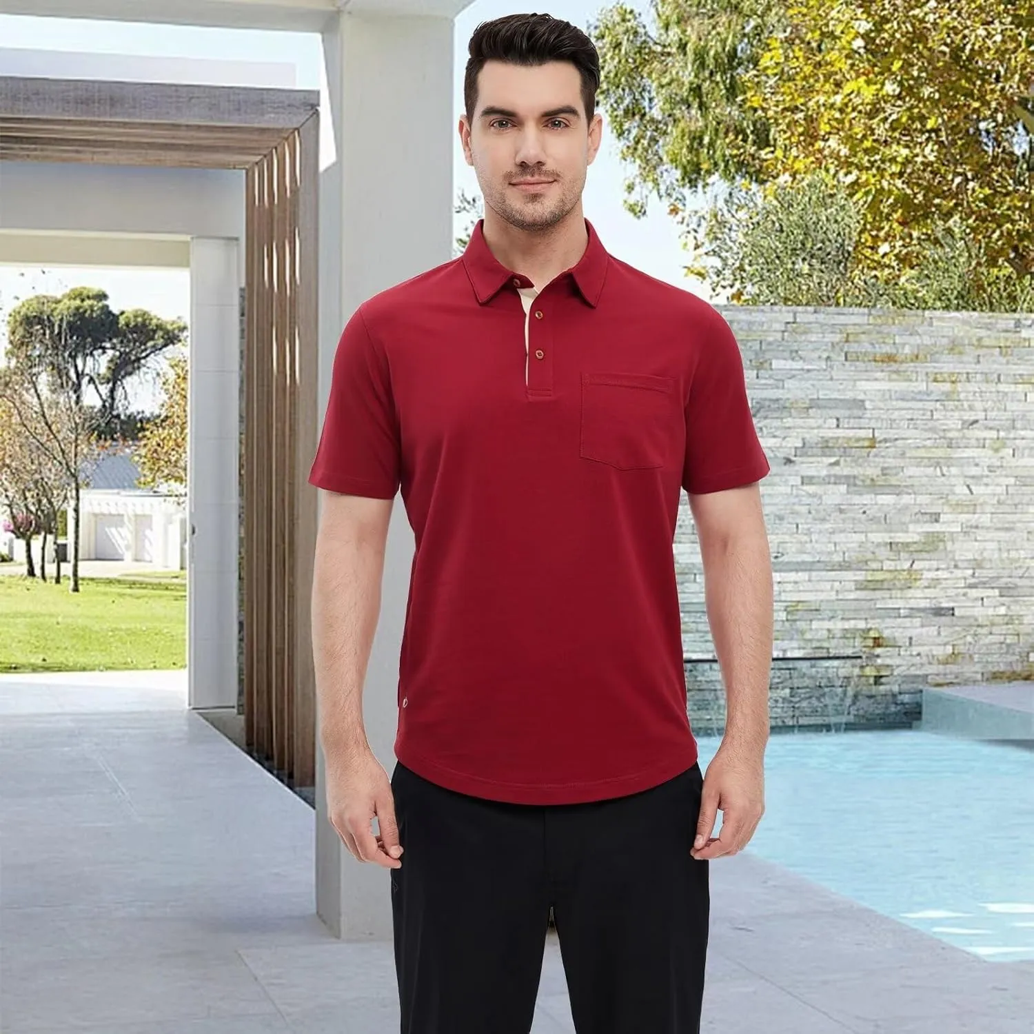 Mens Long and Short Sleeve Polo Shirts Pocket Casual Solid Cotton Blend Drop Cut Collared Polo Shirts for Men