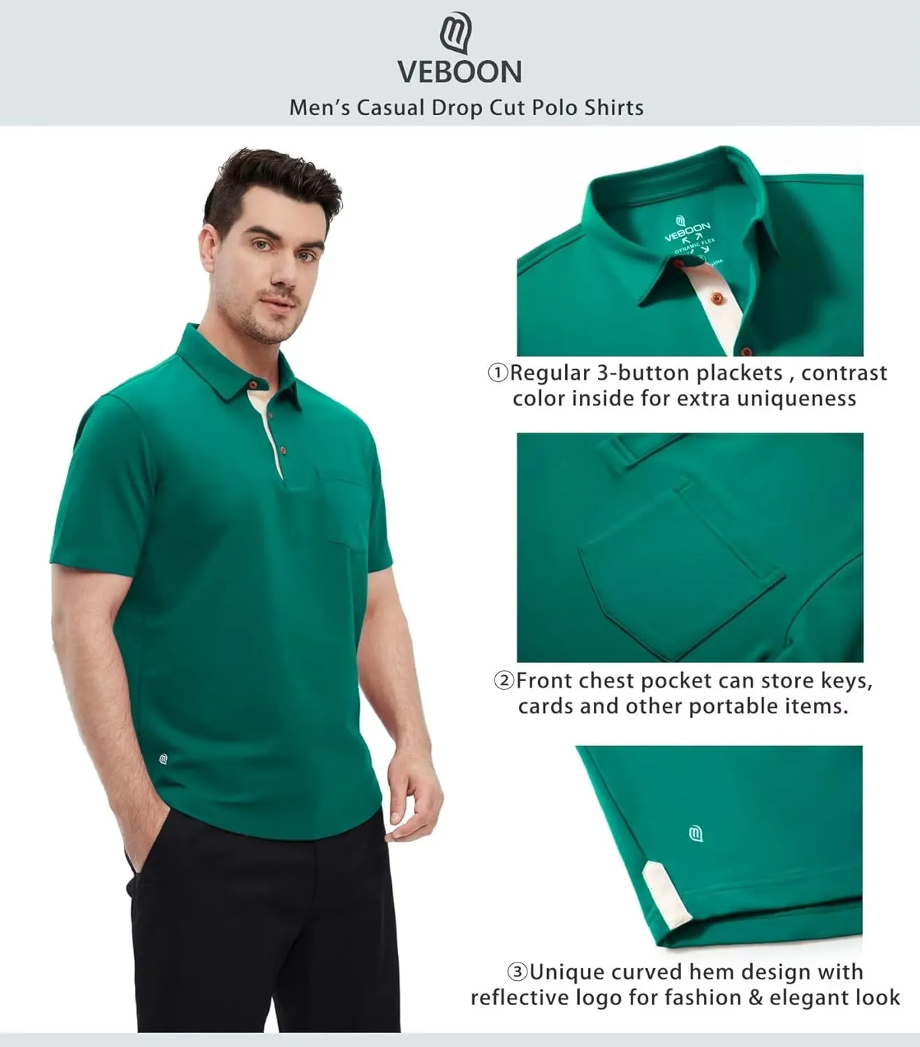 Mens Long and Short Sleeve Polo Shirts Pocket Casual Solid Cotton Blend Drop Cut Collared Polo Shirts for Men