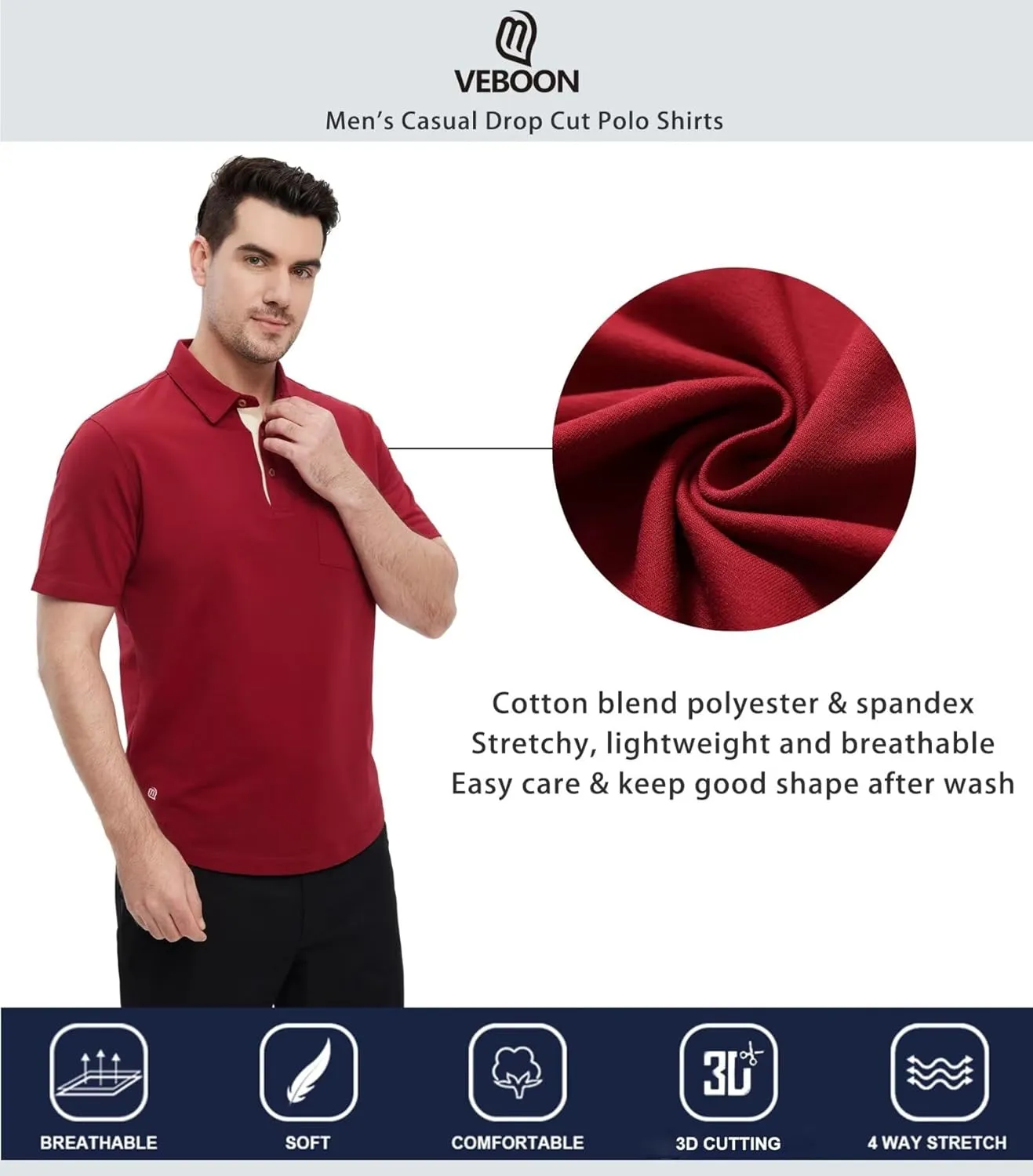 Mens Long and Short Sleeve Polo Shirts Pocket Casual Solid Cotton Blend Drop Cut Collared Polo Shirts for Men
