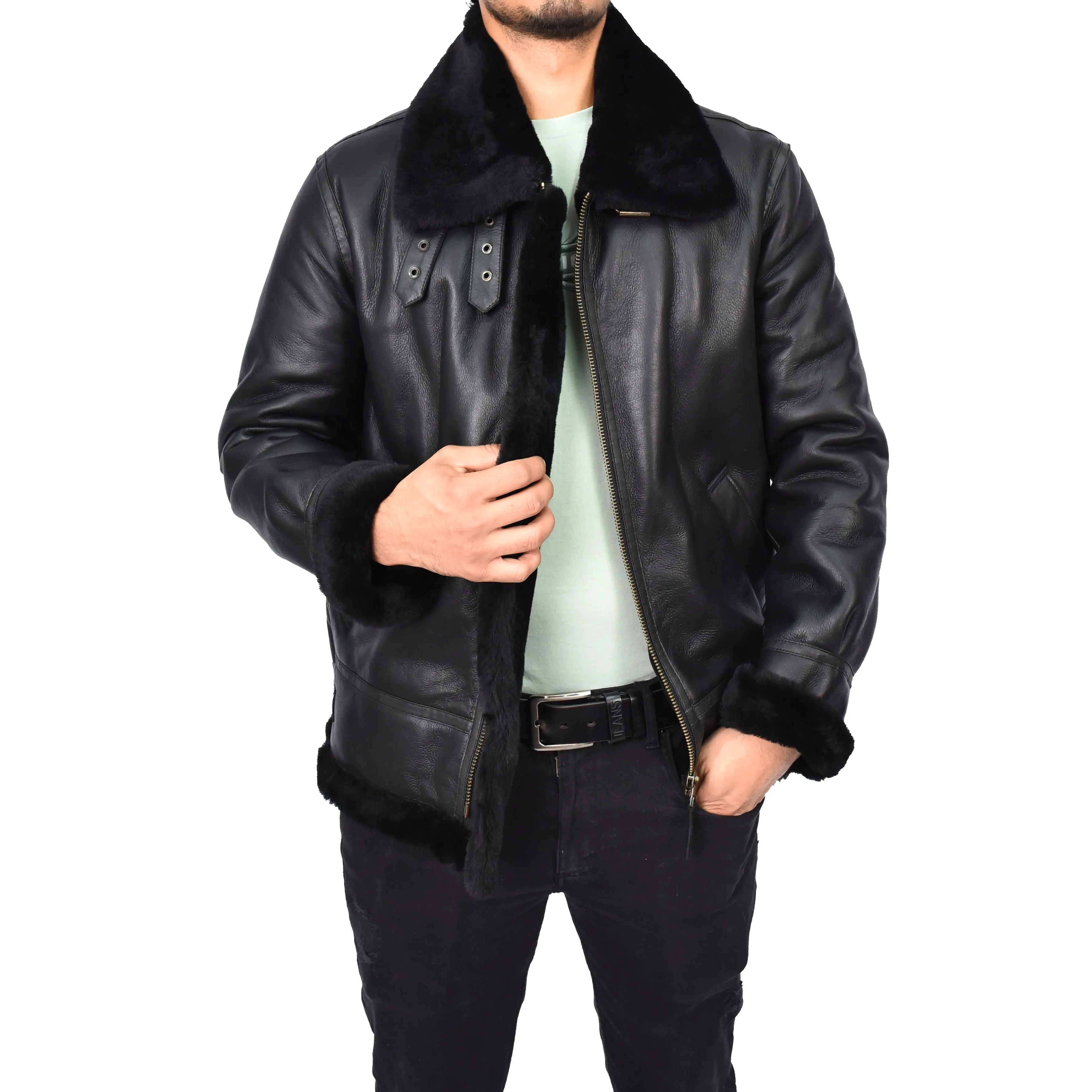 Men's Real Sheepskin Classic Leather Jacket Black Torben