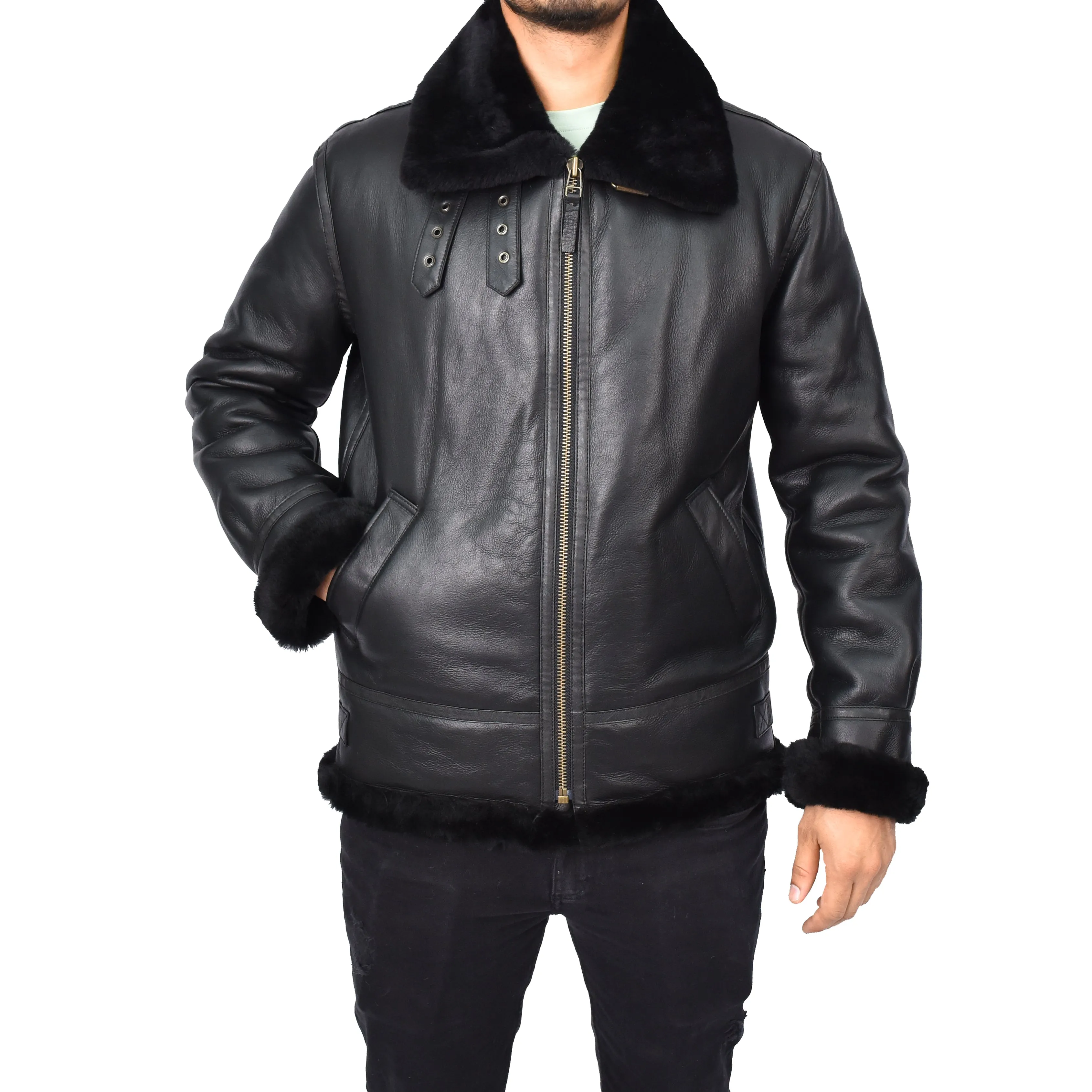 Men's Real Sheepskin Classic Leather Jacket Black Torben