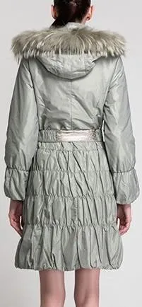 Metallic Paneled Fur Collar Puffer Coat