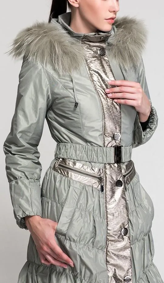 Metallic Paneled Fur Collar Puffer Coat