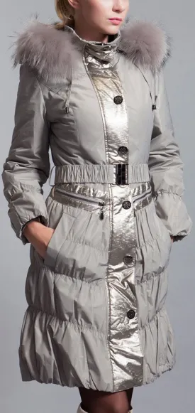 Metallic Paneled Fur Collar Puffer Coat