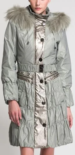 Metallic Paneled Fur Collar Puffer Coat