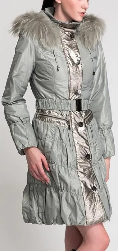 Metallic Paneled Fur Collar Puffer Coat